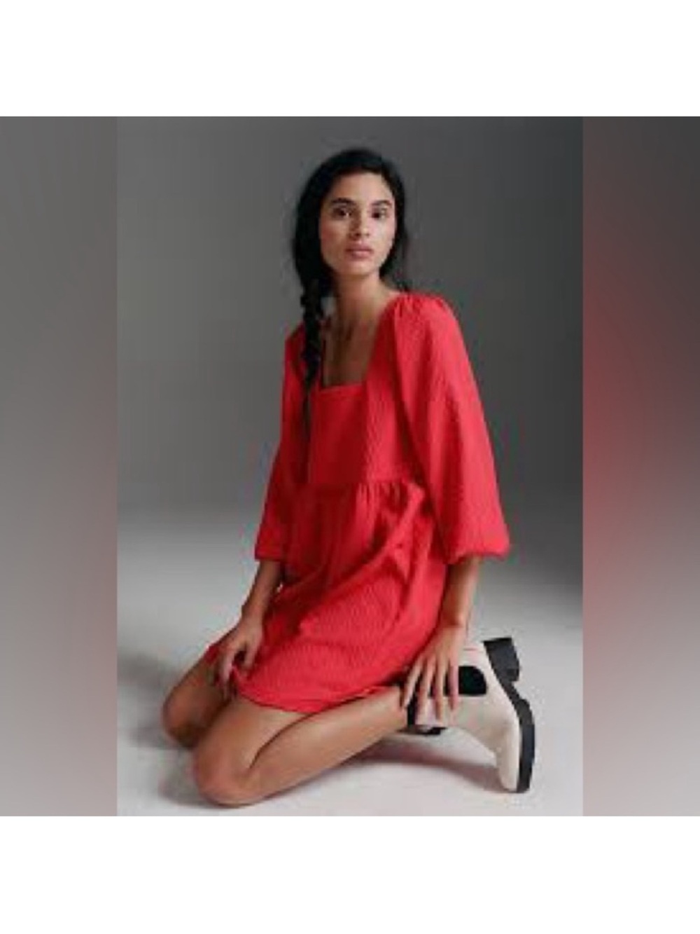 Textured Square-Neck Red Mini Dress - Picture 2 of 5